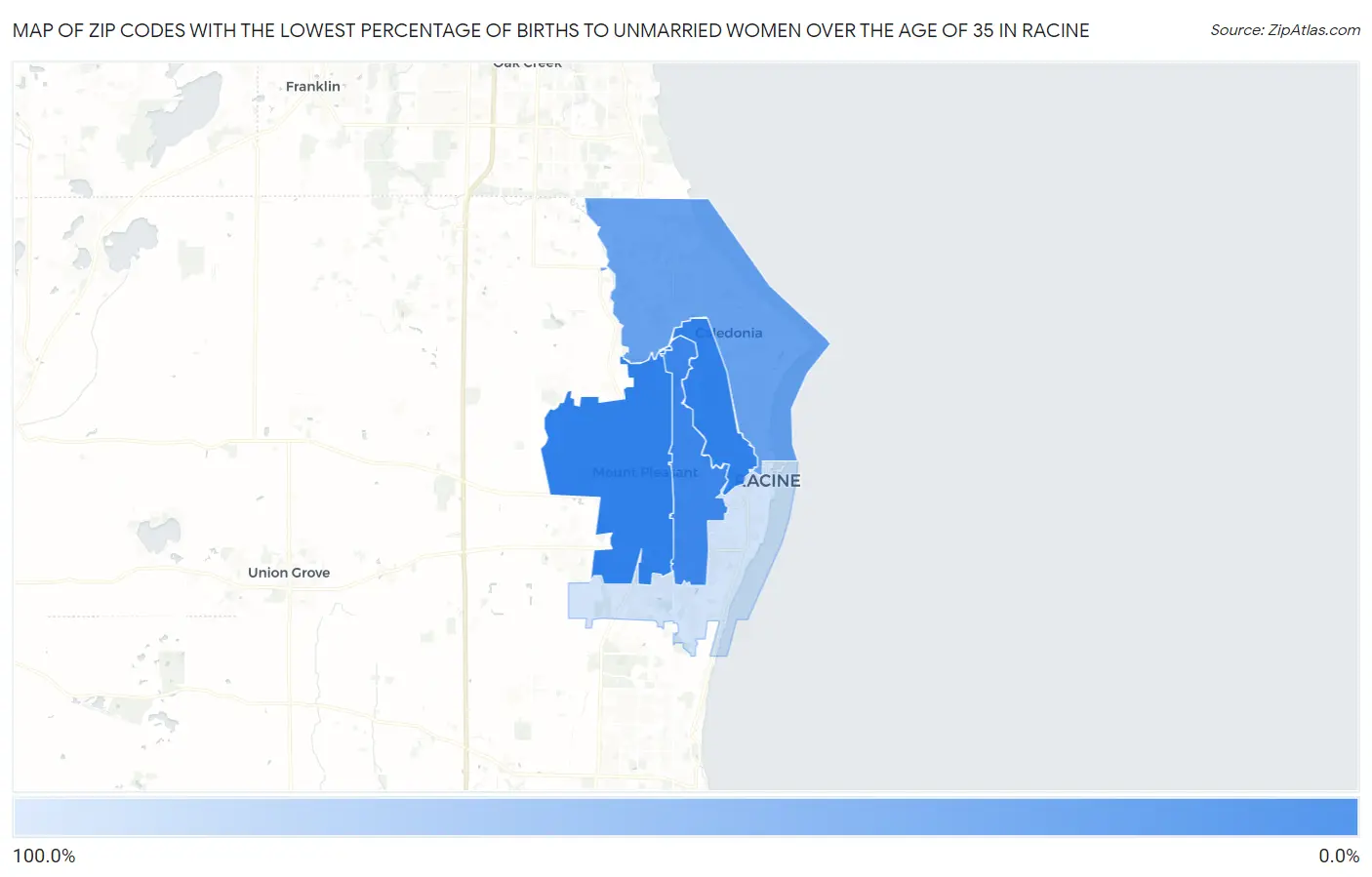 Zip Codes with the Lowest Percentage of Births to Unmarried Women over the Age of 35 in Racine Map