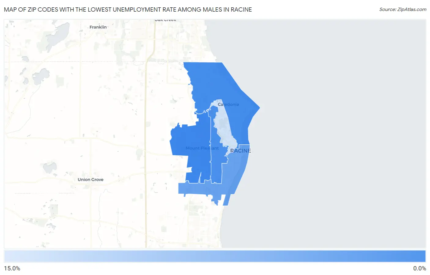 Zip Codes with the Lowest Unemployment Rate Among Males in Racine Map