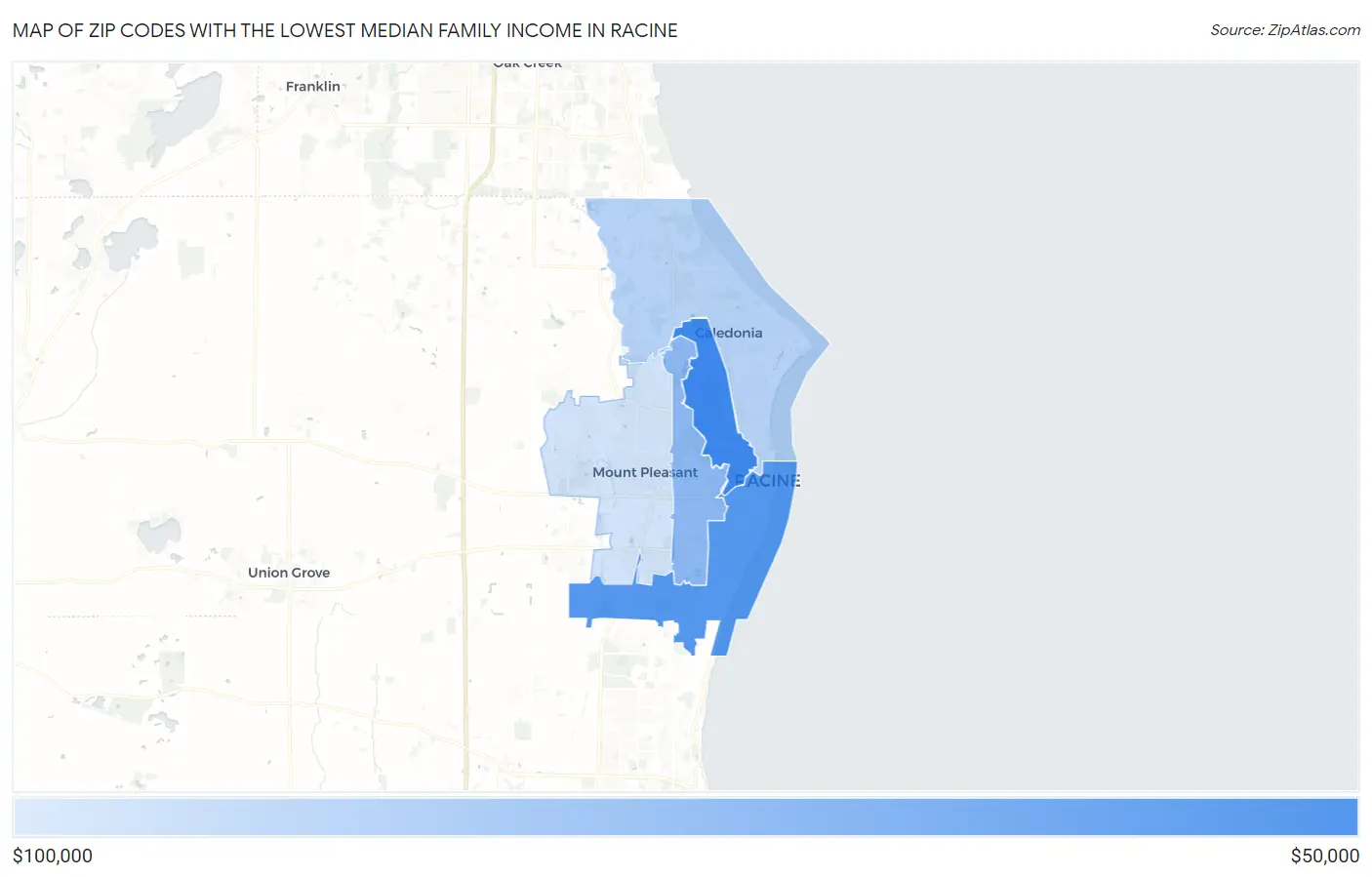 Zip Codes with the Lowest Median Family Income in Racine Map