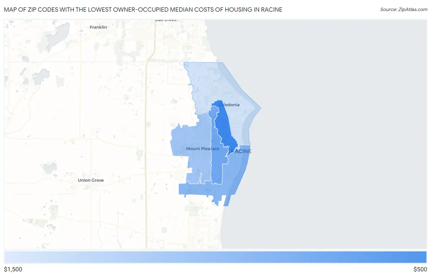Zip Codes with the Lowest Owner-Occupied Median Costs of Housing in Racine Map