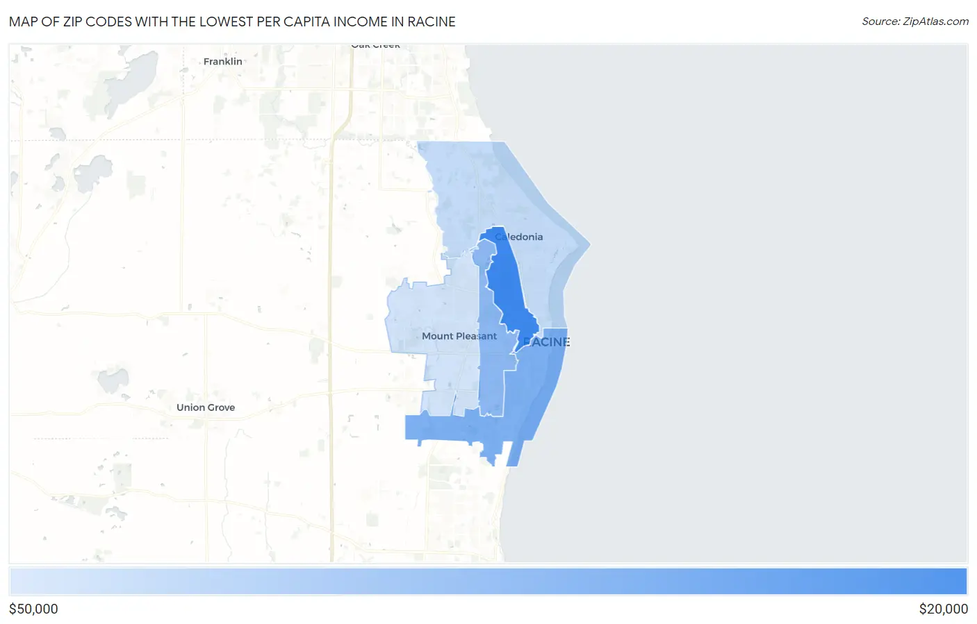 Zip Codes with the Lowest Per Capita Income in Racine Map