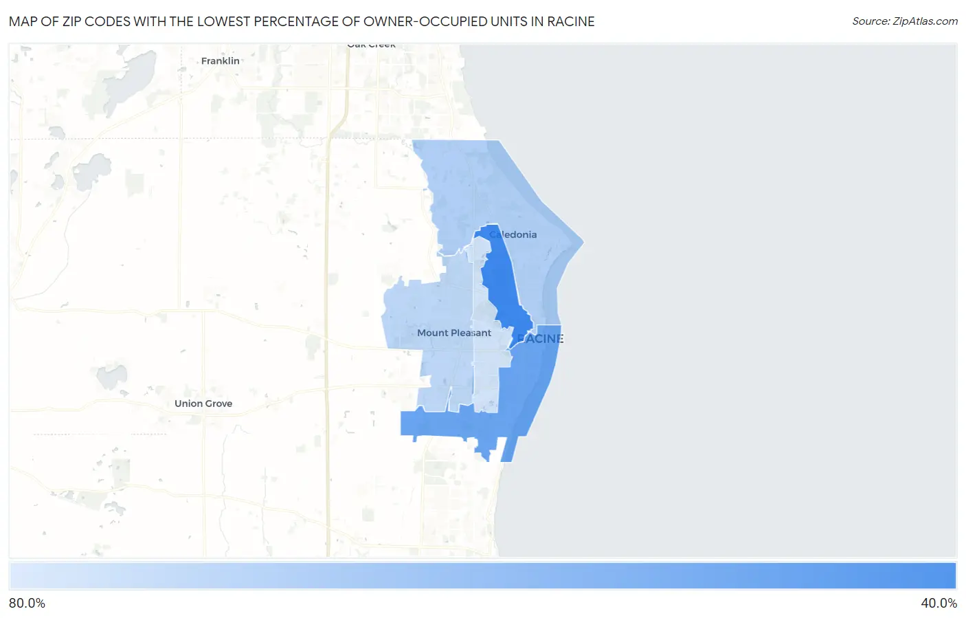 Zip Codes with the Lowest Percentage of Owner-Occupied Units in Racine Map