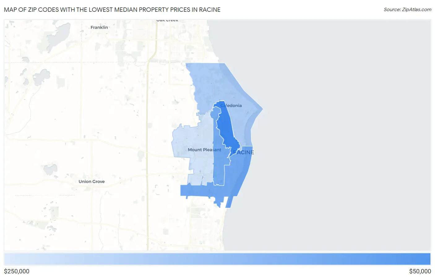 Zip Codes with the Lowest Median Property Prices in Racine Map