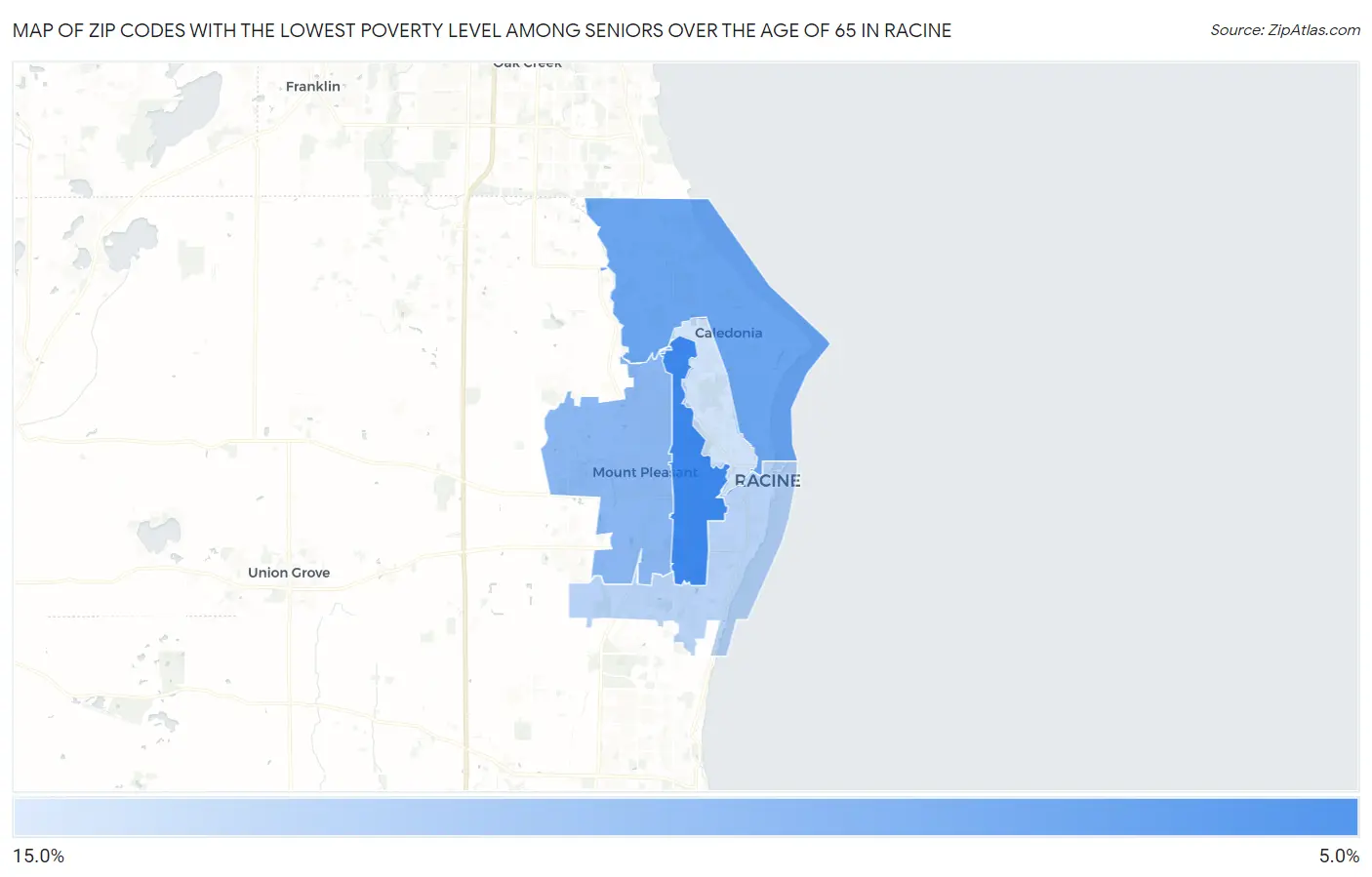 Zip Codes with the Lowest Poverty Level Among Seniors Over the Age of 65 in Racine Map