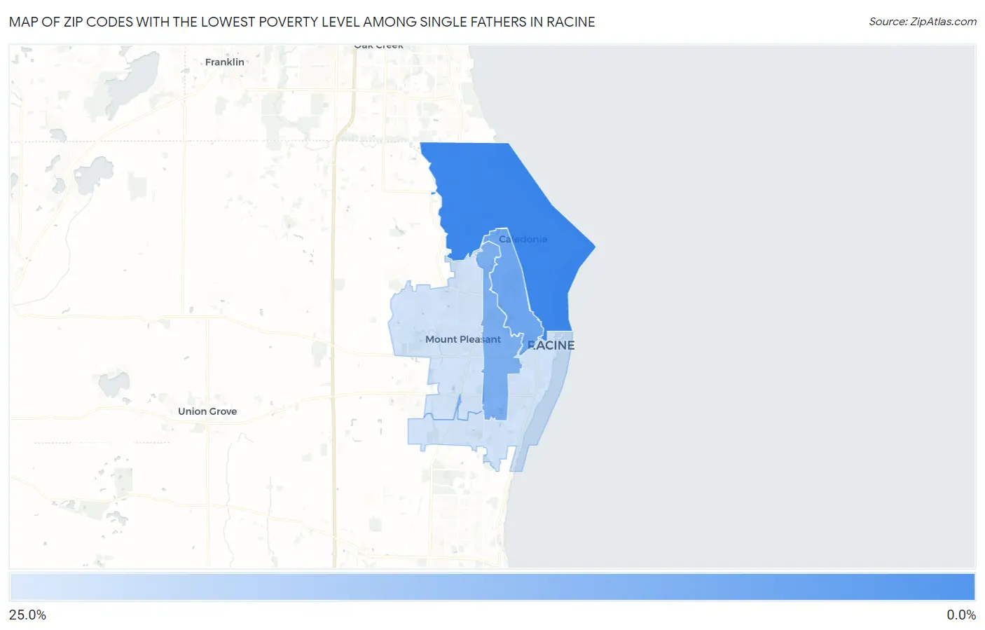 Zip Codes with the Lowest Poverty Level Among Single Fathers in Racine Map