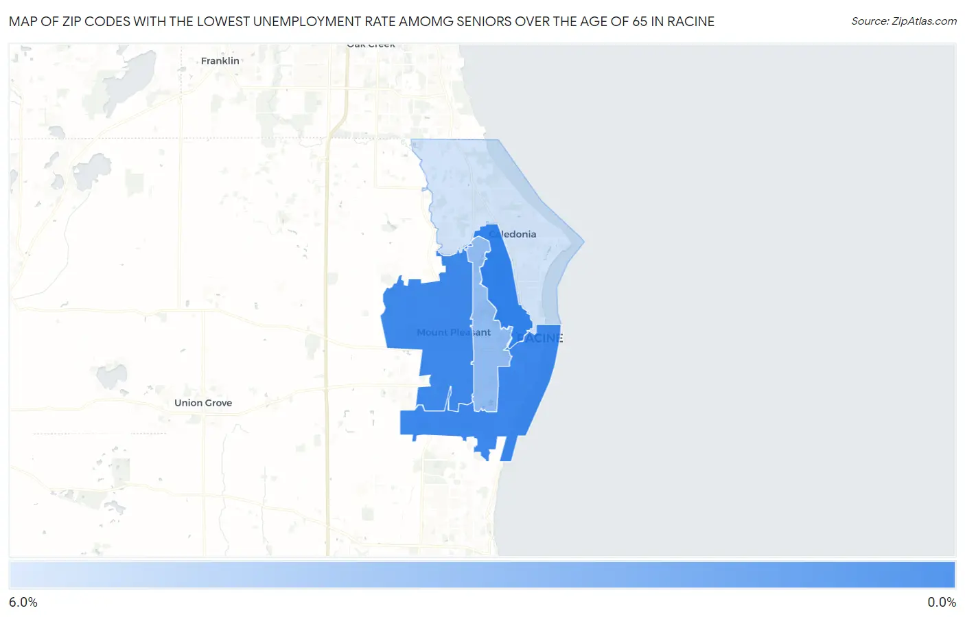 Zip Codes with the Lowest Unemployment Rate Amomg Seniors Over the Age of 65 in Racine Map