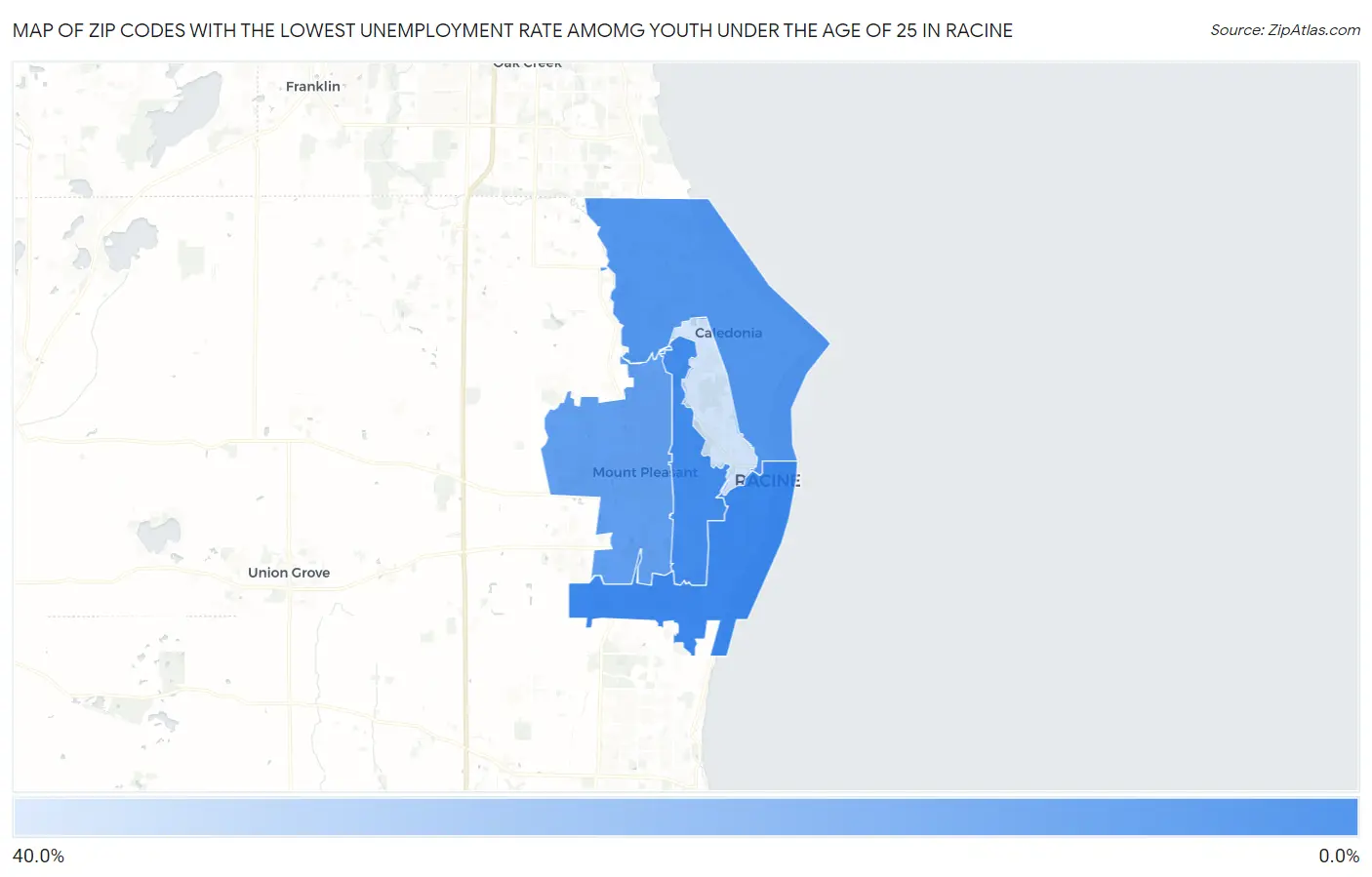 Zip Codes with the Lowest Unemployment Rate Amomg Youth Under the Age of 25 in Racine Map