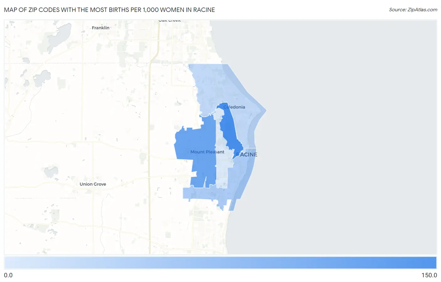 Zip Codes with the Most Births per 1,000 Women in Racine Map