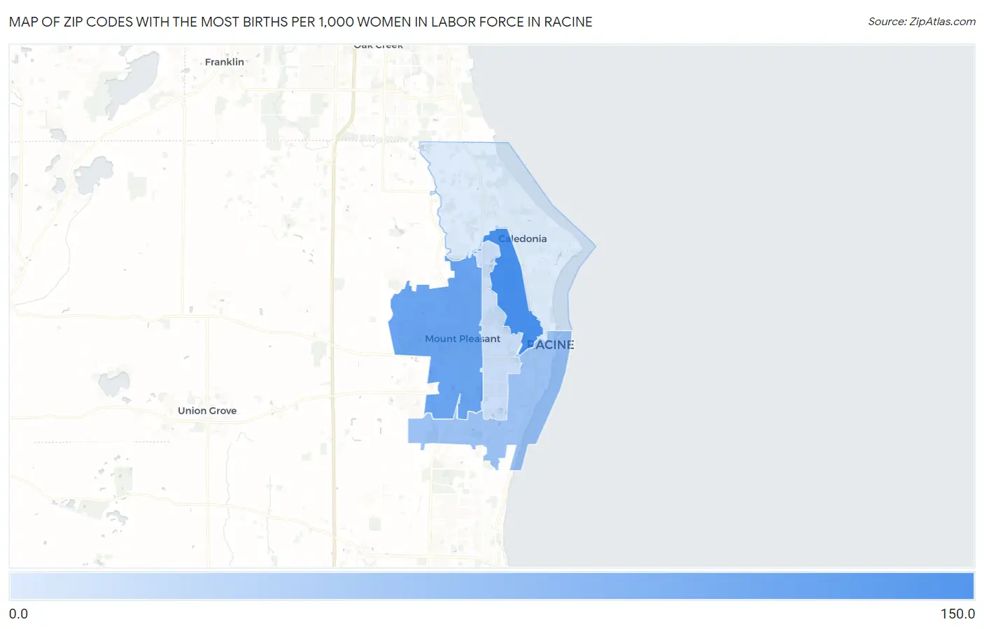 Zip Codes with the Most Births per 1,000 Women in Labor Force in Racine Map