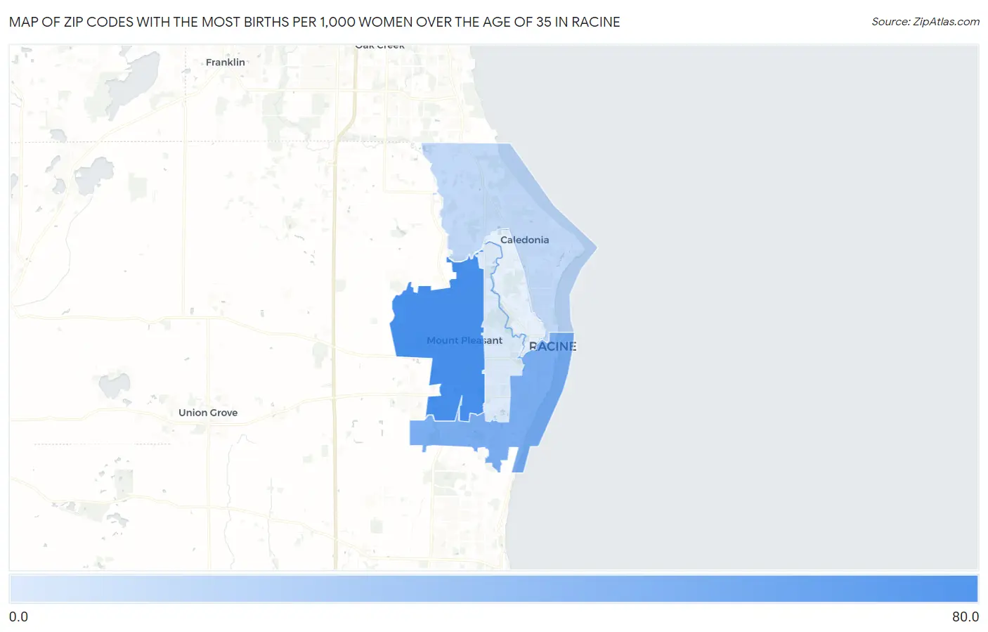 Zip Codes with the Most Births per 1,000 Women Over the Age of 35 in Racine Map