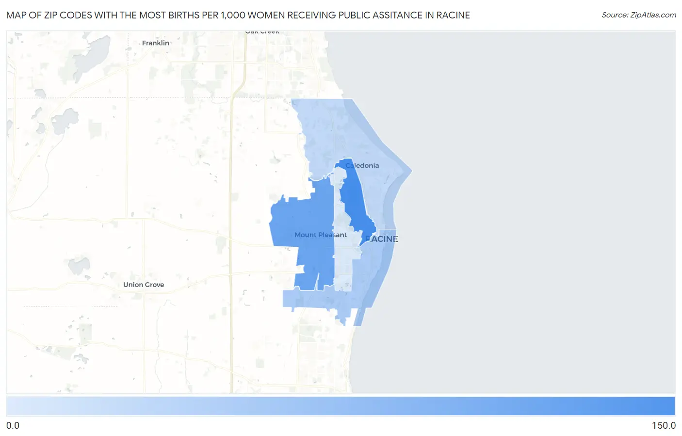 Zip Codes with the Most Births per 1,000 Women Receiving Public Assitance in Racine Map
