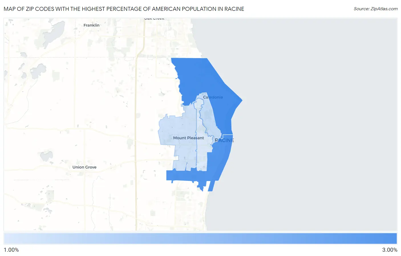 Zip Codes with the Highest Percentage of American Population in Racine Map