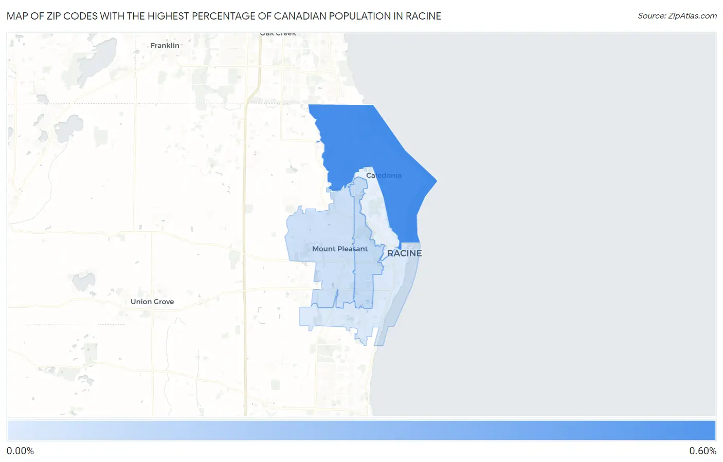Zip Codes with the Highest Percentage of Canadian Population in Racine Map