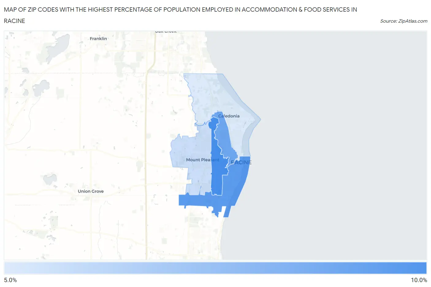 Zip Codes with the Highest Percentage of Population Employed in Accommodation & Food Services in Racine Map