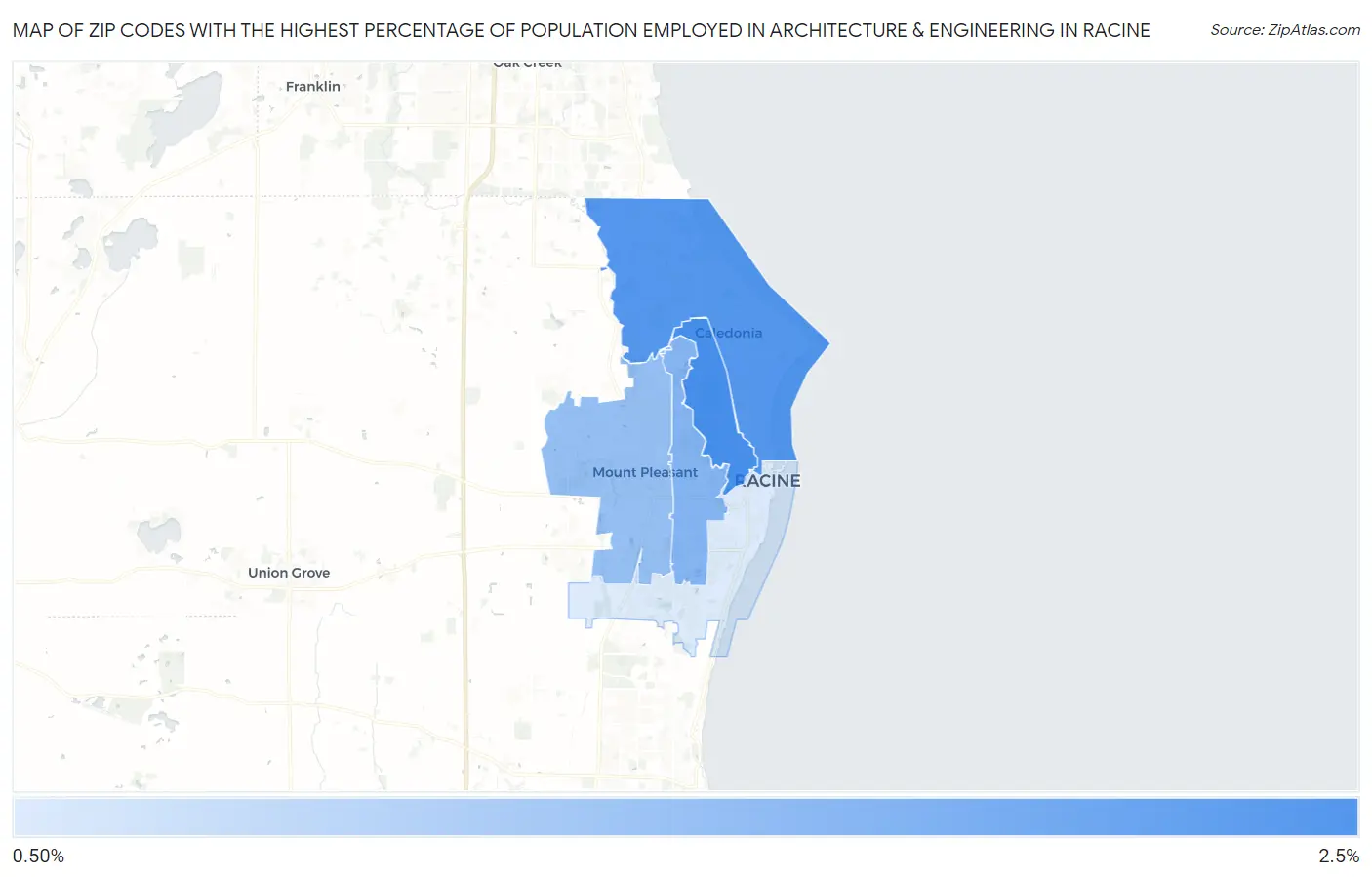 Zip Codes with the Highest Percentage of Population Employed in Architecture & Engineering in Racine Map