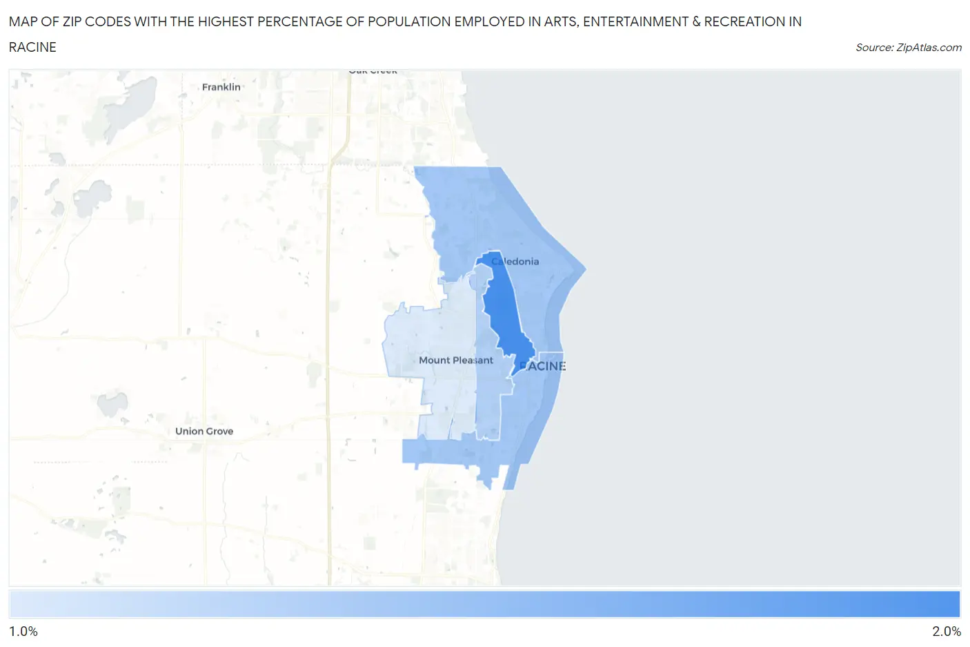 Zip Codes with the Highest Percentage of Population Employed in Arts, Entertainment & Recreation in Racine Map