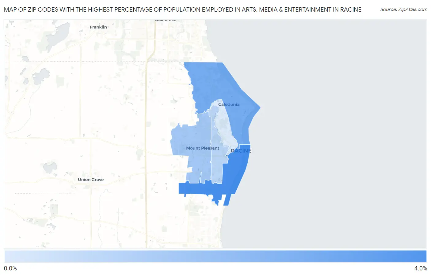 Zip Codes with the Highest Percentage of Population Employed in Arts, Media & Entertainment in Racine Map