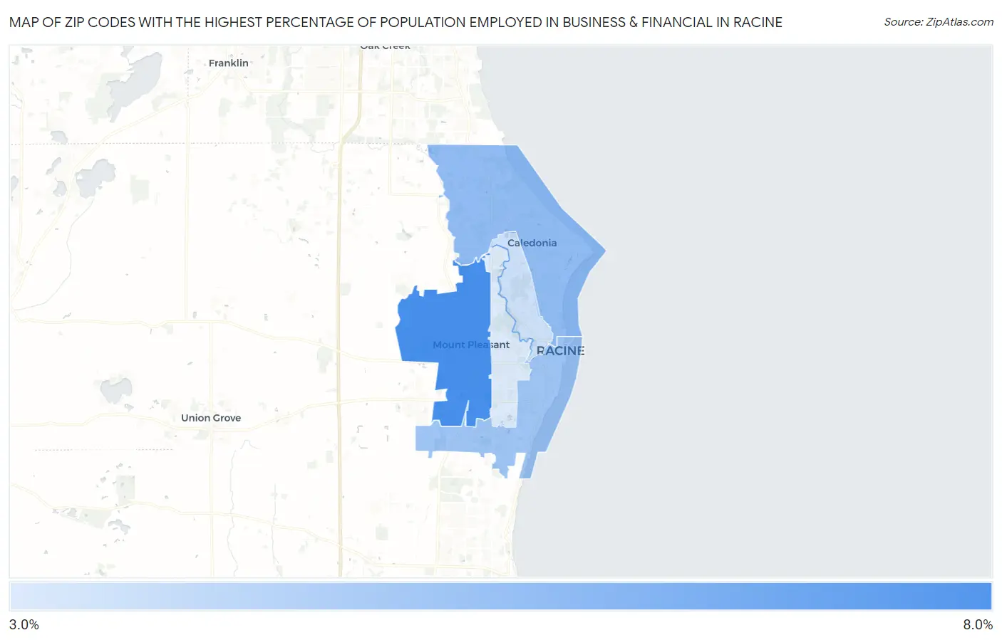 Zip Codes with the Highest Percentage of Population Employed in Business & Financial in Racine Map