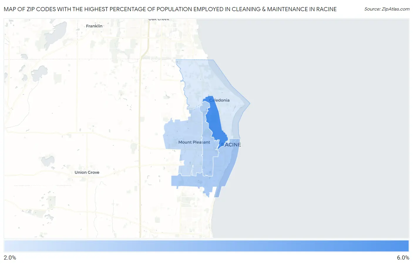 Zip Codes with the Highest Percentage of Population Employed in Cleaning & Maintenance in Racine Map