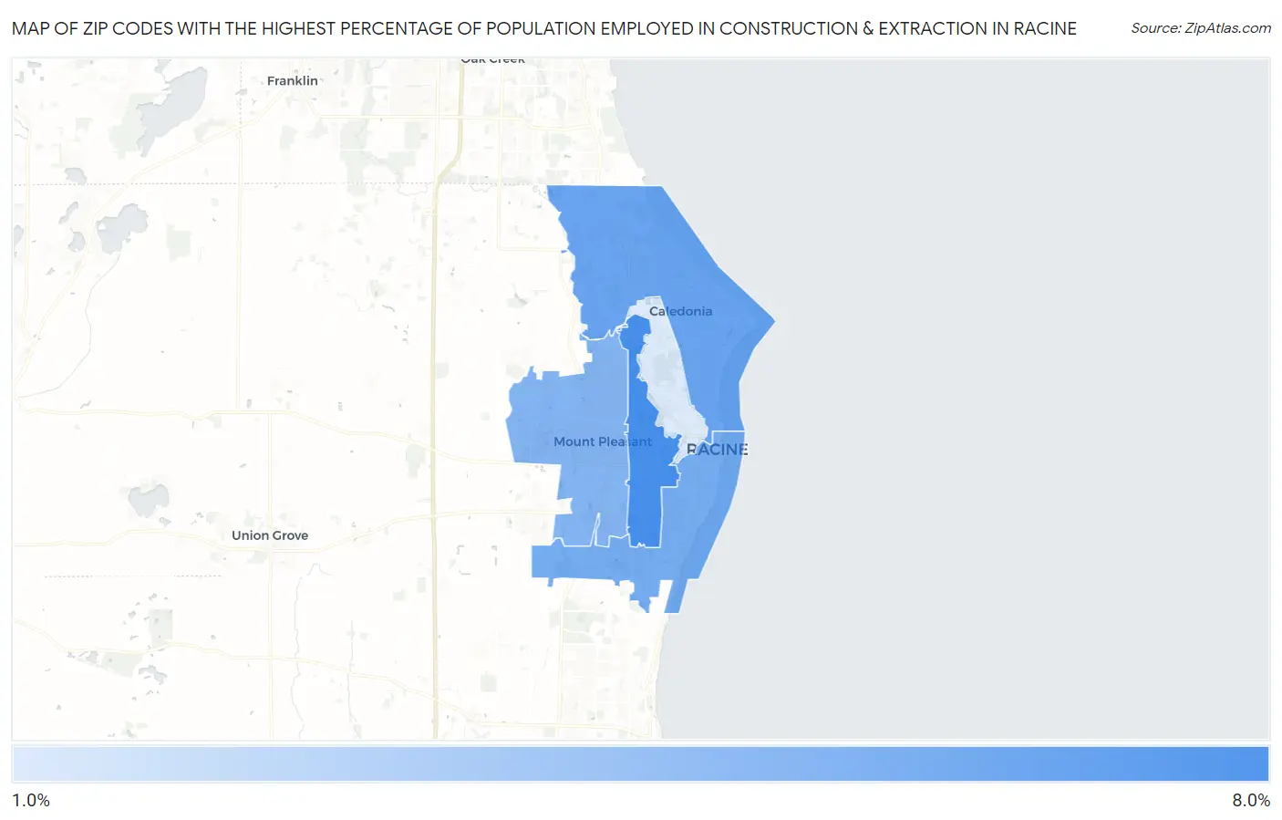 Zip Codes with the Highest Percentage of Population Employed in Construction & Extraction in Racine Map
