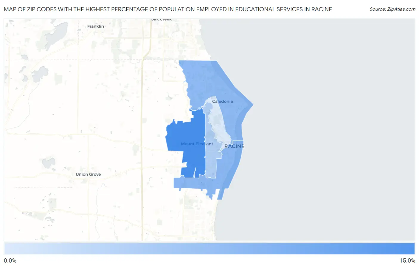 Zip Codes with the Highest Percentage of Population Employed in Educational Services in Racine Map