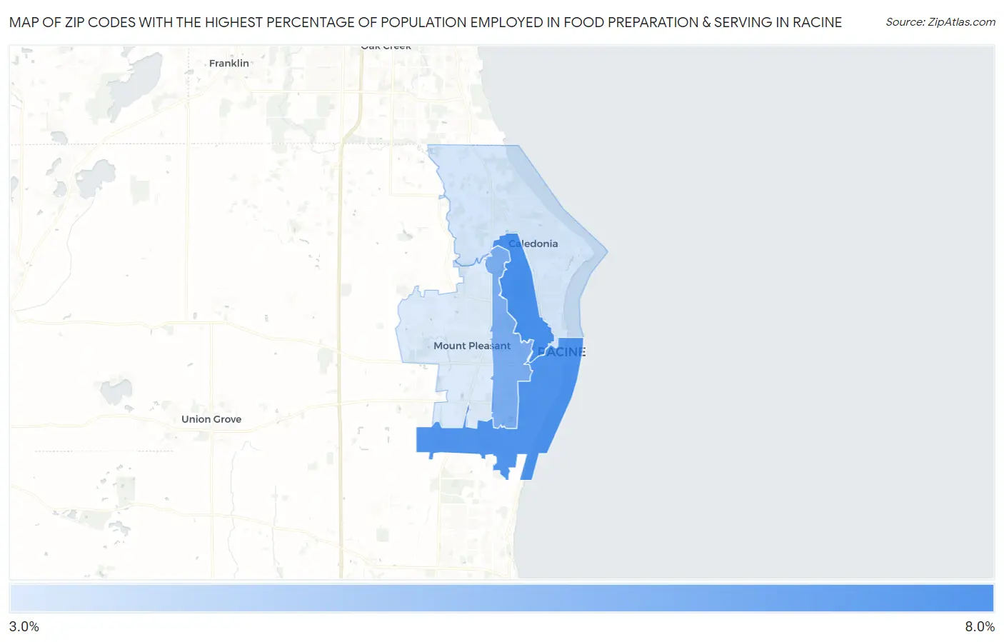Zip Codes with the Highest Percentage of Population Employed in Food Preparation & Serving in Racine Map