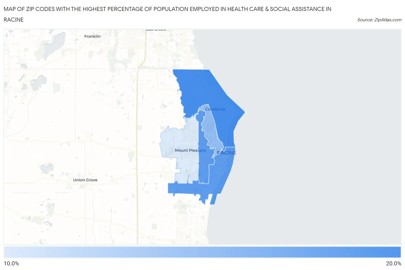 Zip Codes with the Highest Percentage of Population Employed in Health Care & Social Assistance in Racine Map
