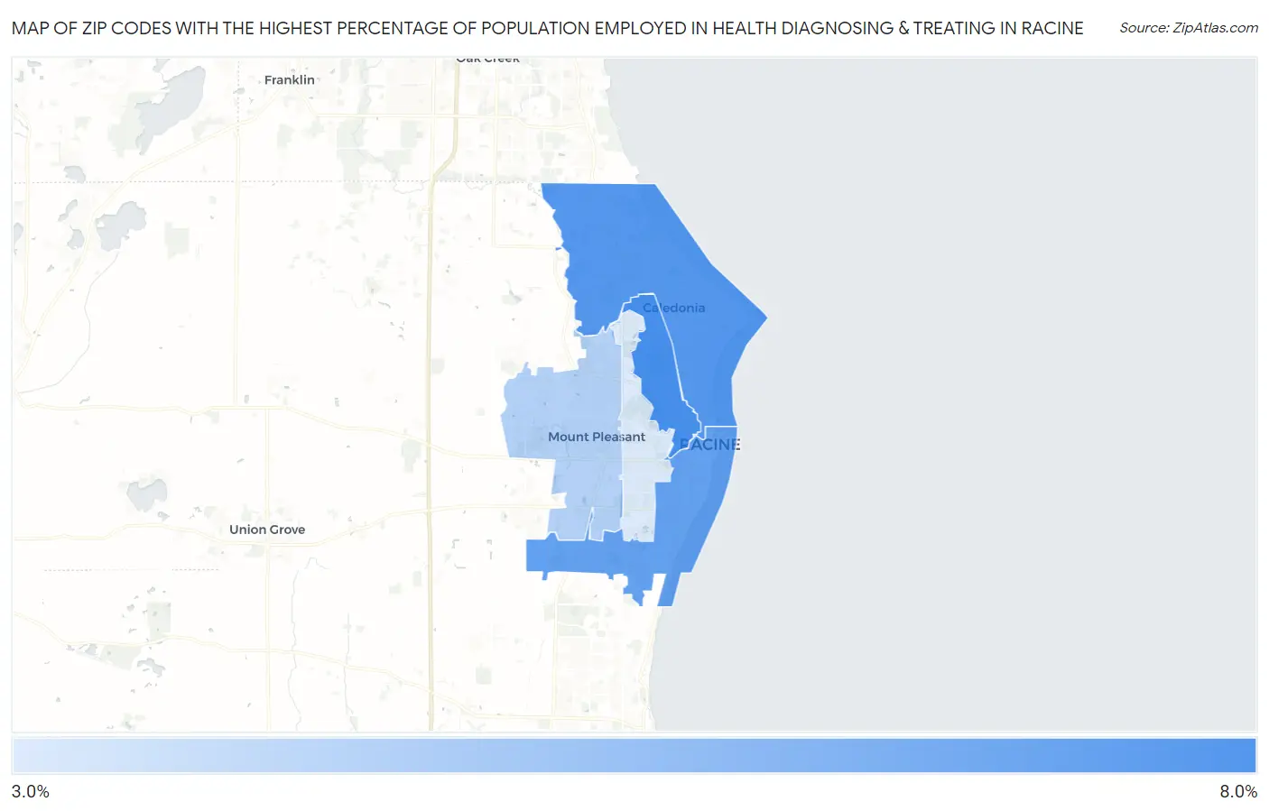 Zip Codes with the Highest Percentage of Population Employed in Health Diagnosing & Treating in Racine Map