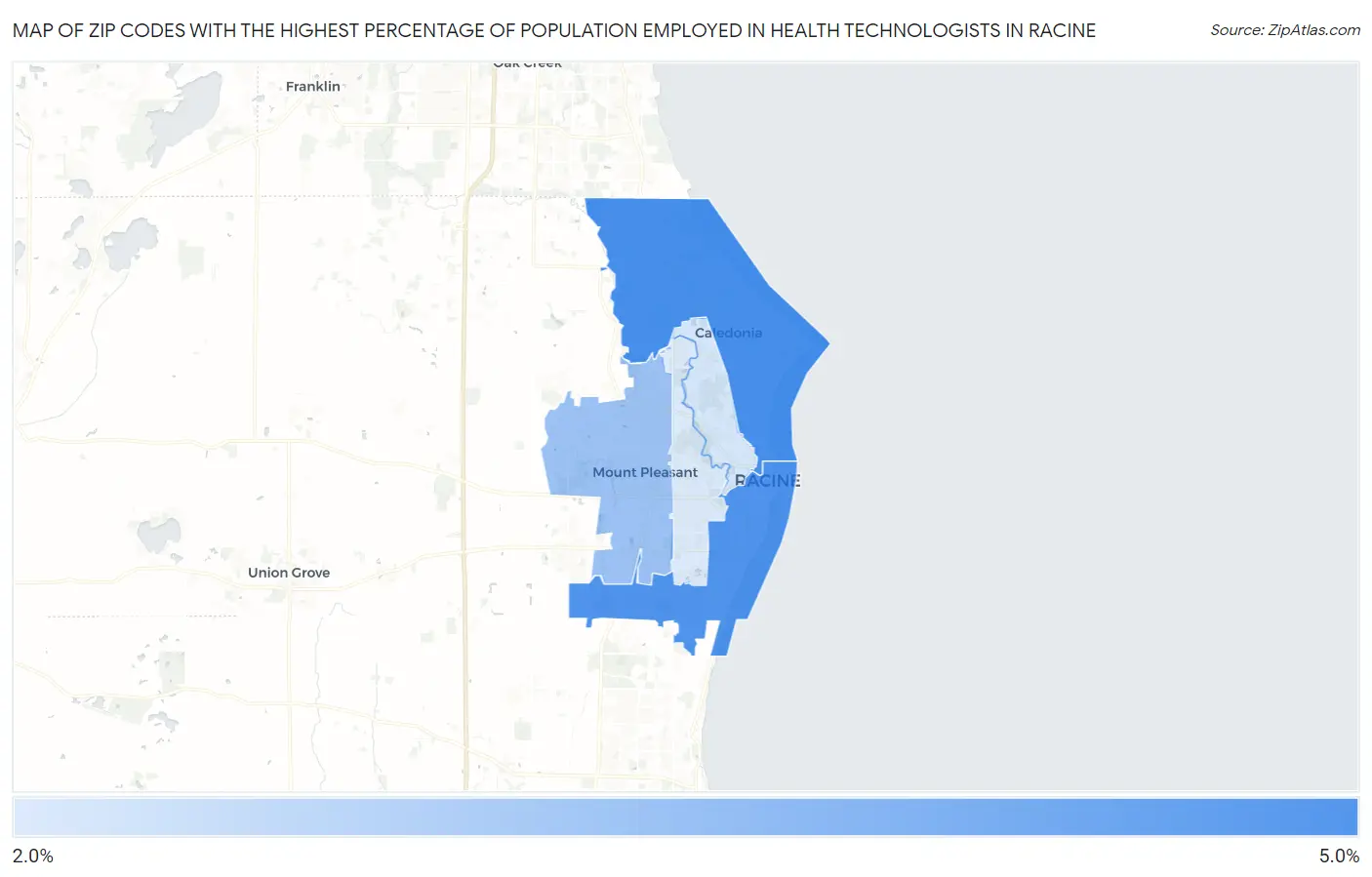 Zip Codes with the Highest Percentage of Population Employed in Health Technologists in Racine Map
