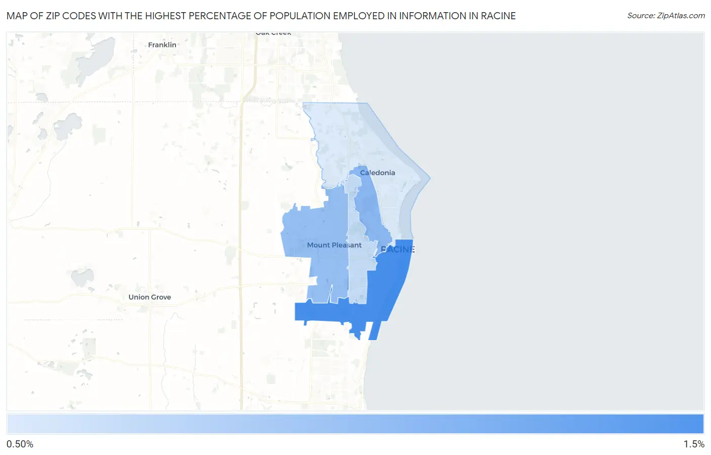 Zip Codes with the Highest Percentage of Population Employed in Information in Racine Map