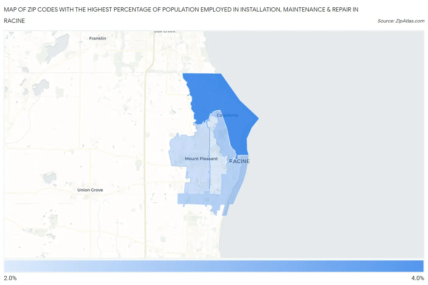 Zip Codes with the Highest Percentage of Population Employed in Installation, Maintenance & Repair in Racine Map