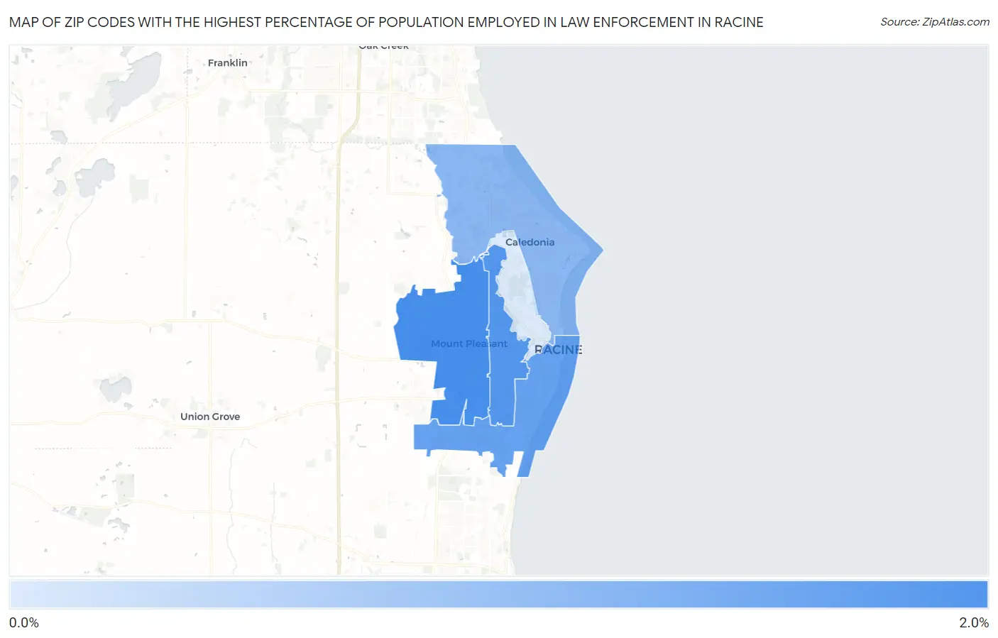 Zip Codes with the Highest Percentage of Population Employed in Law Enforcement in Racine Map