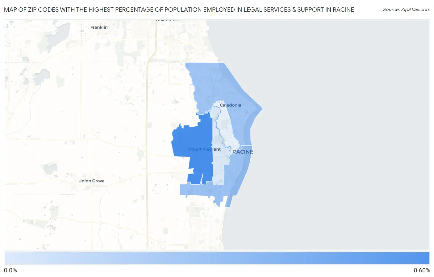 Zip Codes with the Highest Percentage of Population Employed in Legal Services & Support in Racine Map