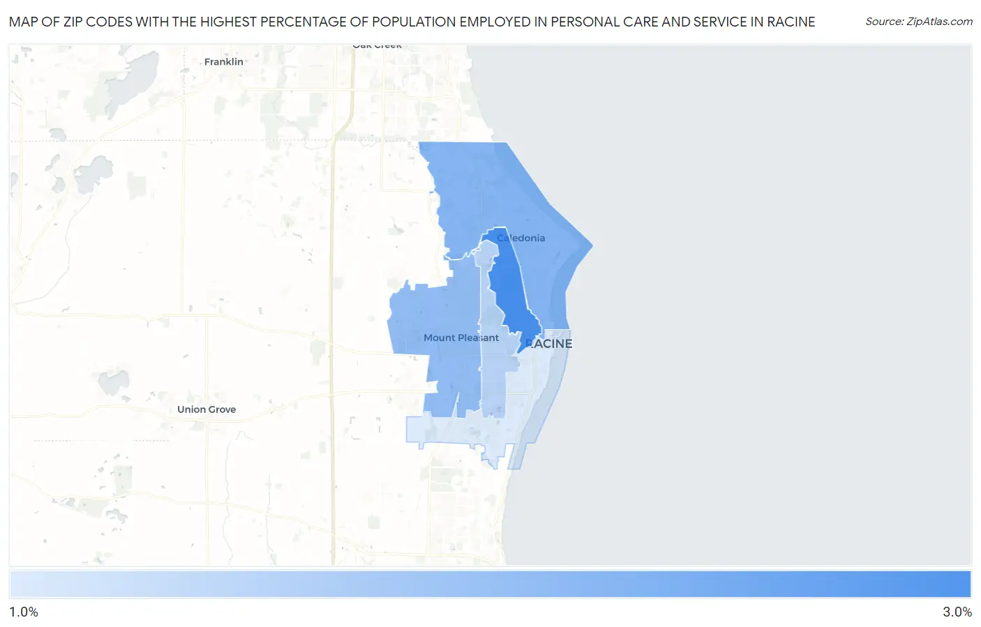 Zip Codes with the Highest Percentage of Population Employed in Personal Care and Service in Racine Map