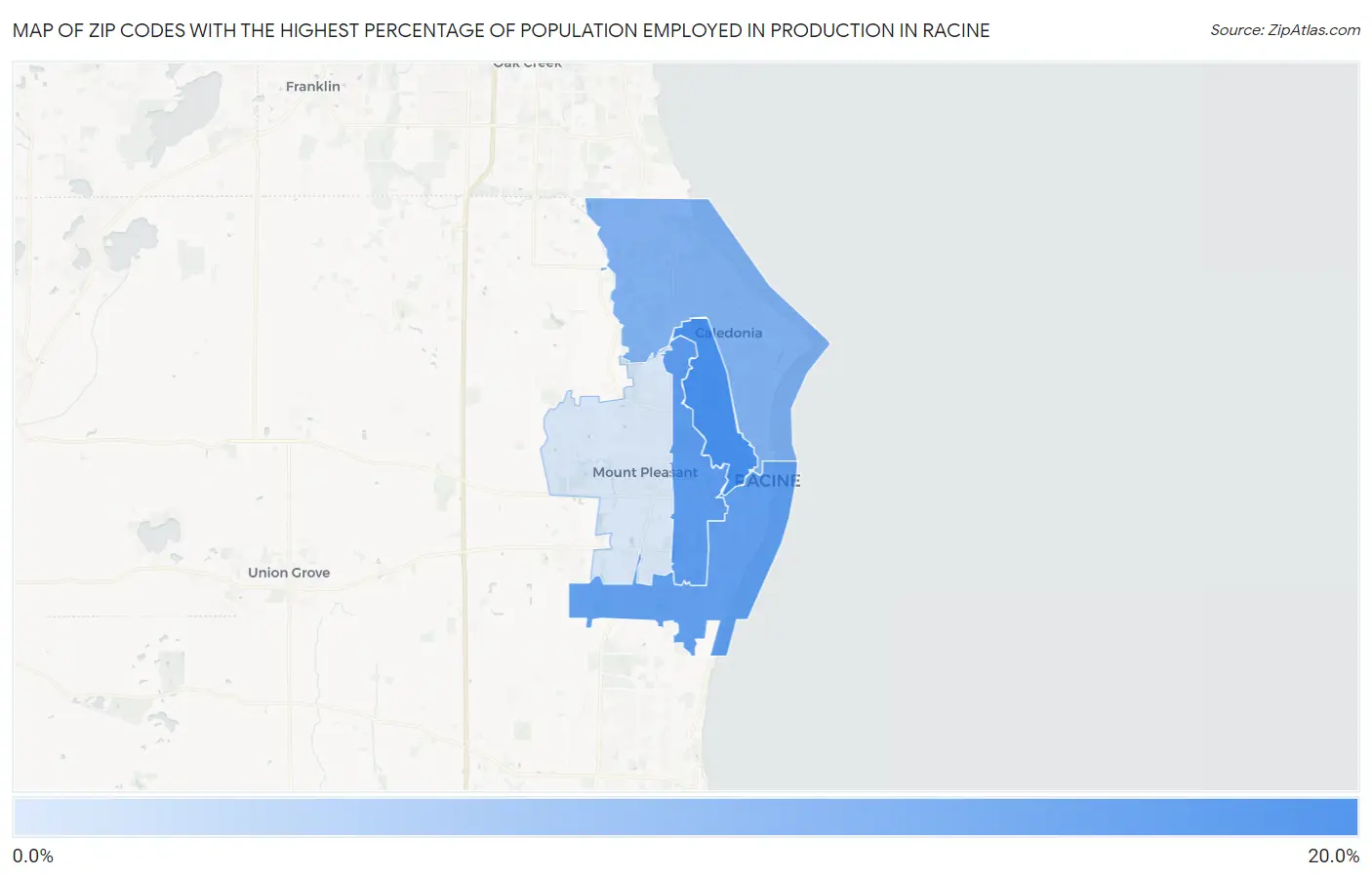 Zip Codes with the Highest Percentage of Population Employed in Production in Racine Map