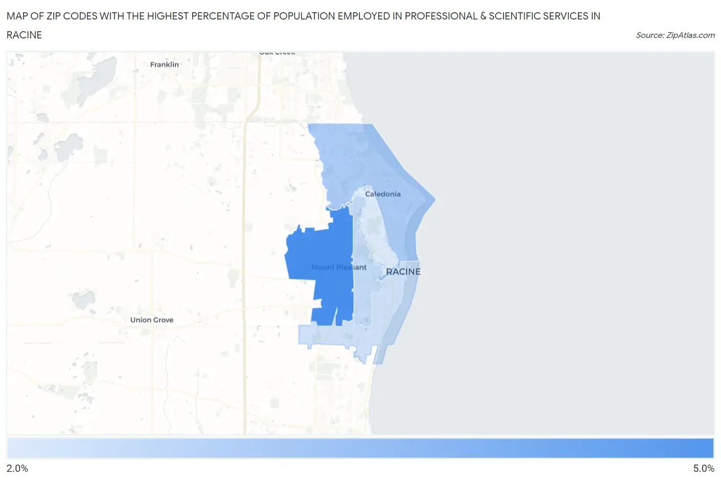 Zip Codes with the Highest Percentage of Population Employed in Professional & Scientific Services in Racine Map