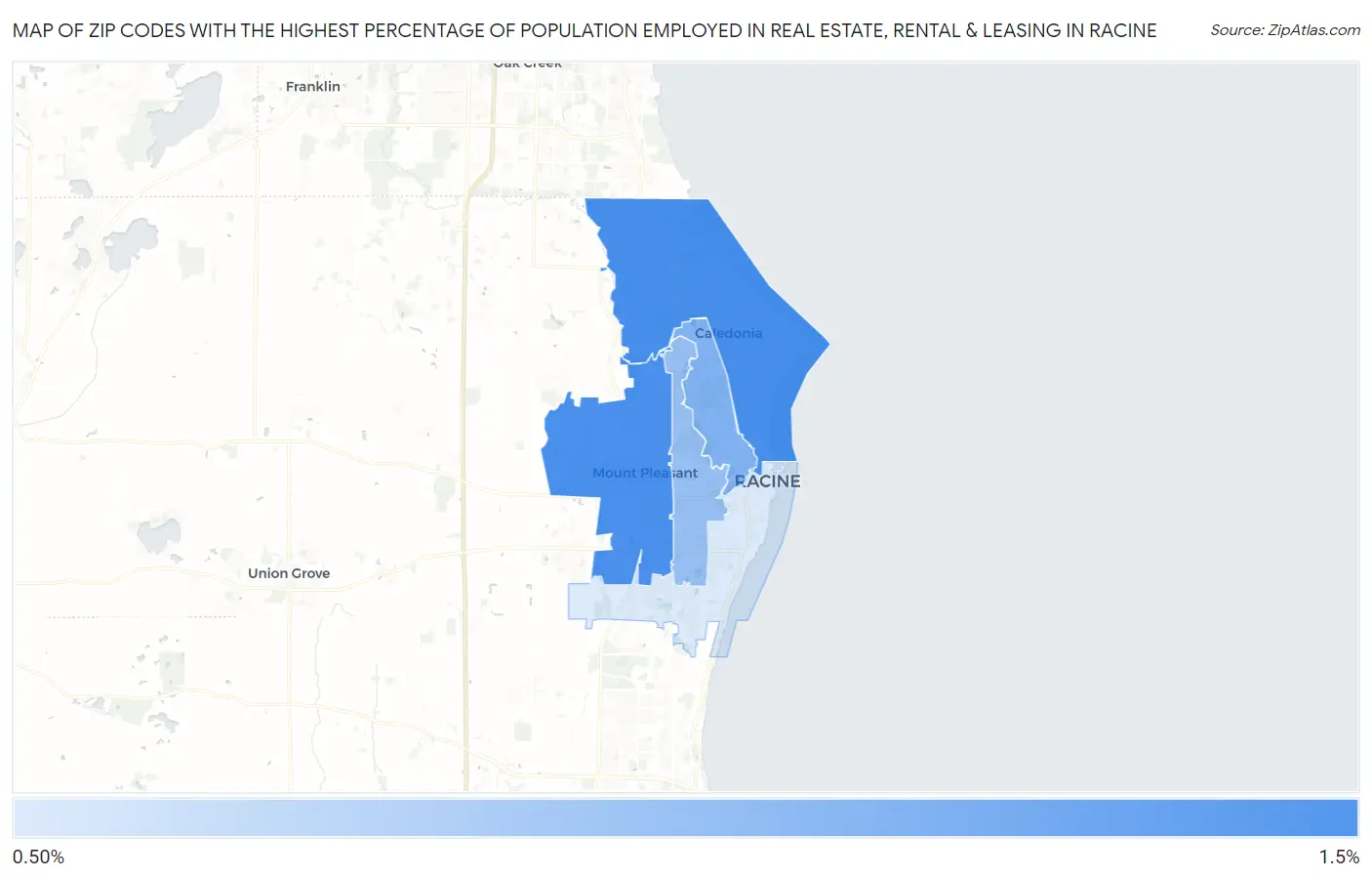 Zip Codes with the Highest Percentage of Population Employed in Real Estate, Rental & Leasing in Racine Map