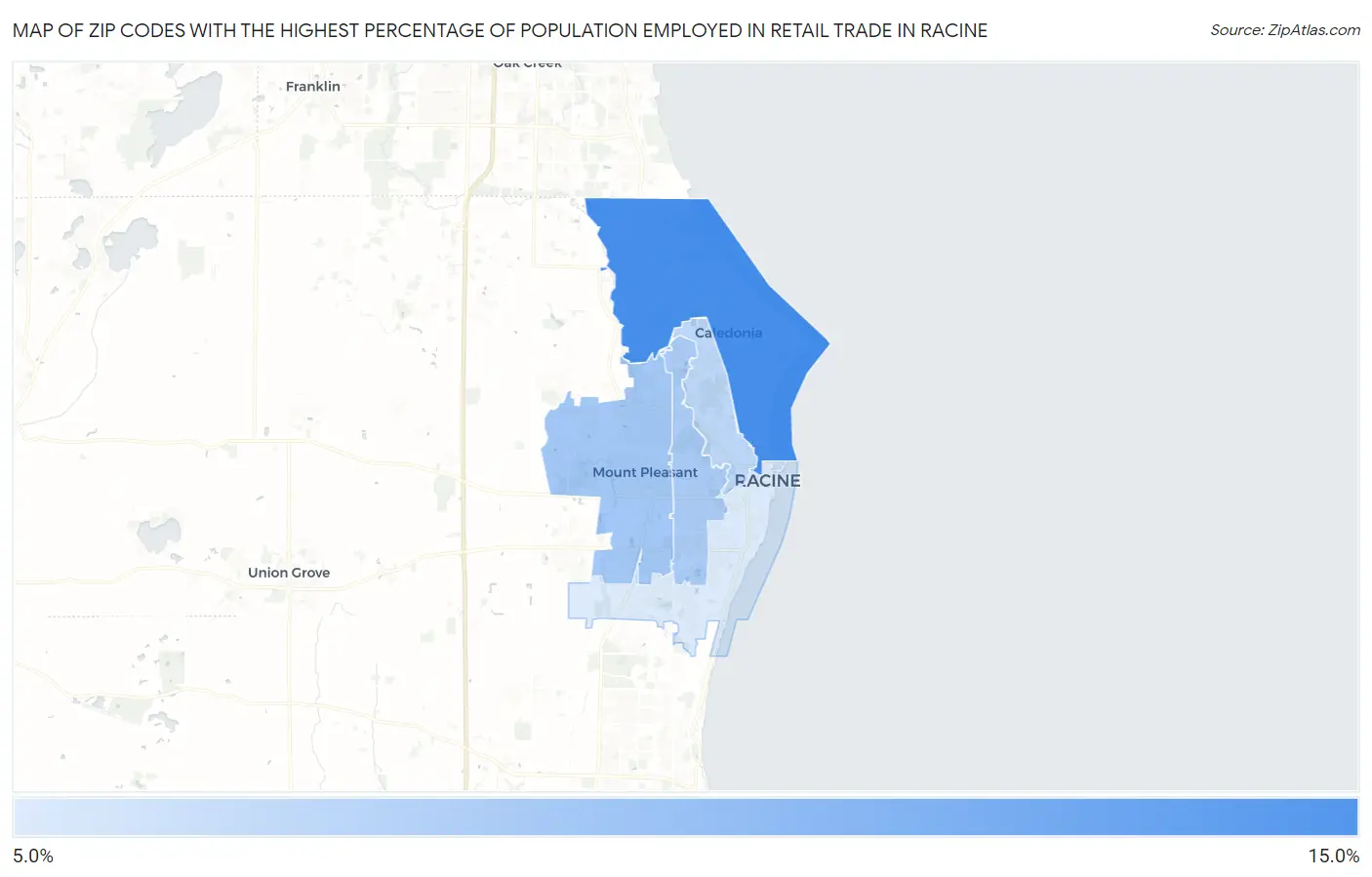 Zip Codes with the Highest Percentage of Population Employed in Retail Trade in Racine Map