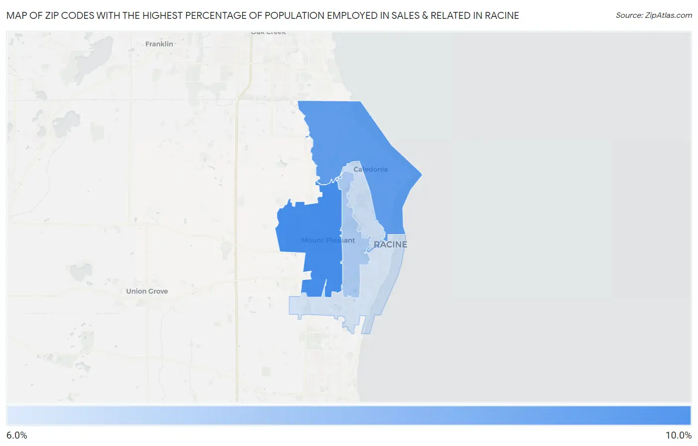 Zip Codes with the Highest Percentage of Population Employed in Sales & Related in Racine Map