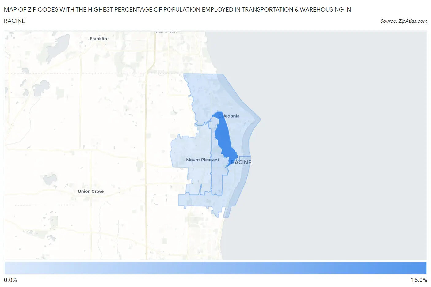 Zip Codes with the Highest Percentage of Population Employed in Transportation & Warehousing in Racine Map