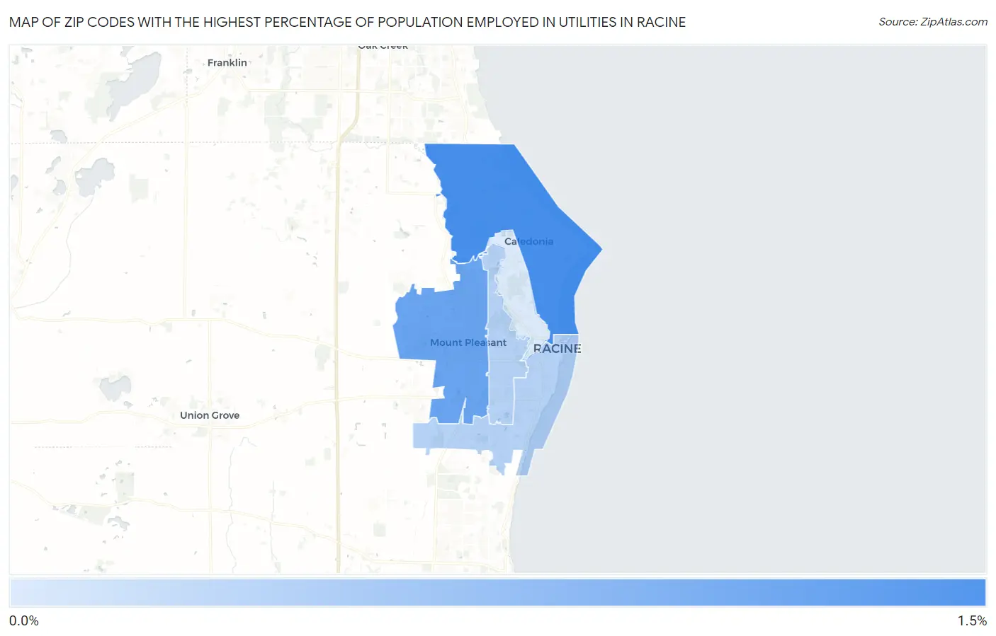Zip Codes with the Highest Percentage of Population Employed in Utilities in Racine Map