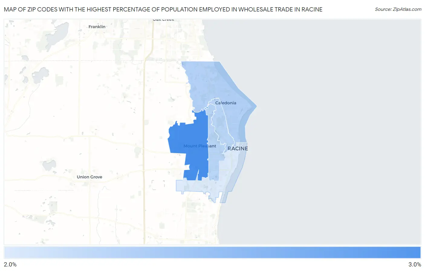 Zip Codes with the Highest Percentage of Population Employed in Wholesale Trade in Racine Map