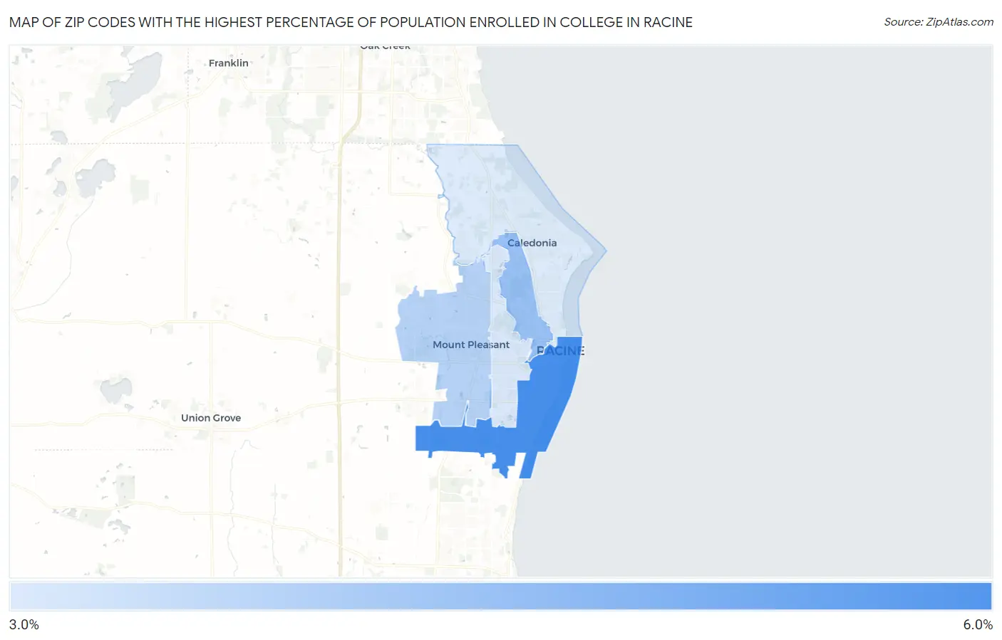 Zip Codes with the Highest Percentage of Population Enrolled in College in Racine Map