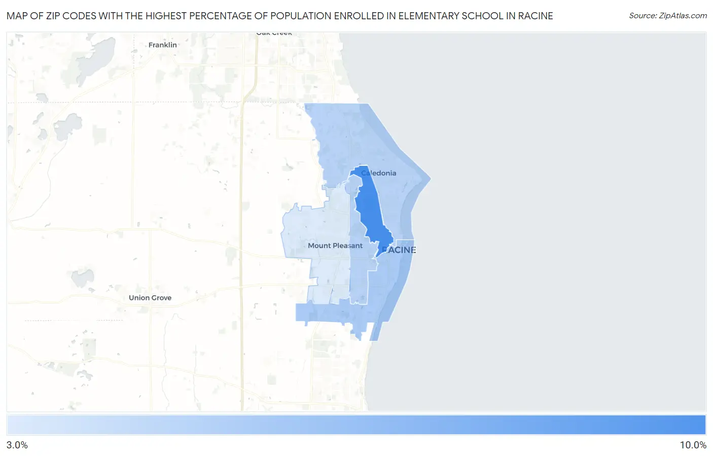 Zip Codes with the Highest Percentage of Population Enrolled in Elementary School in Racine Map