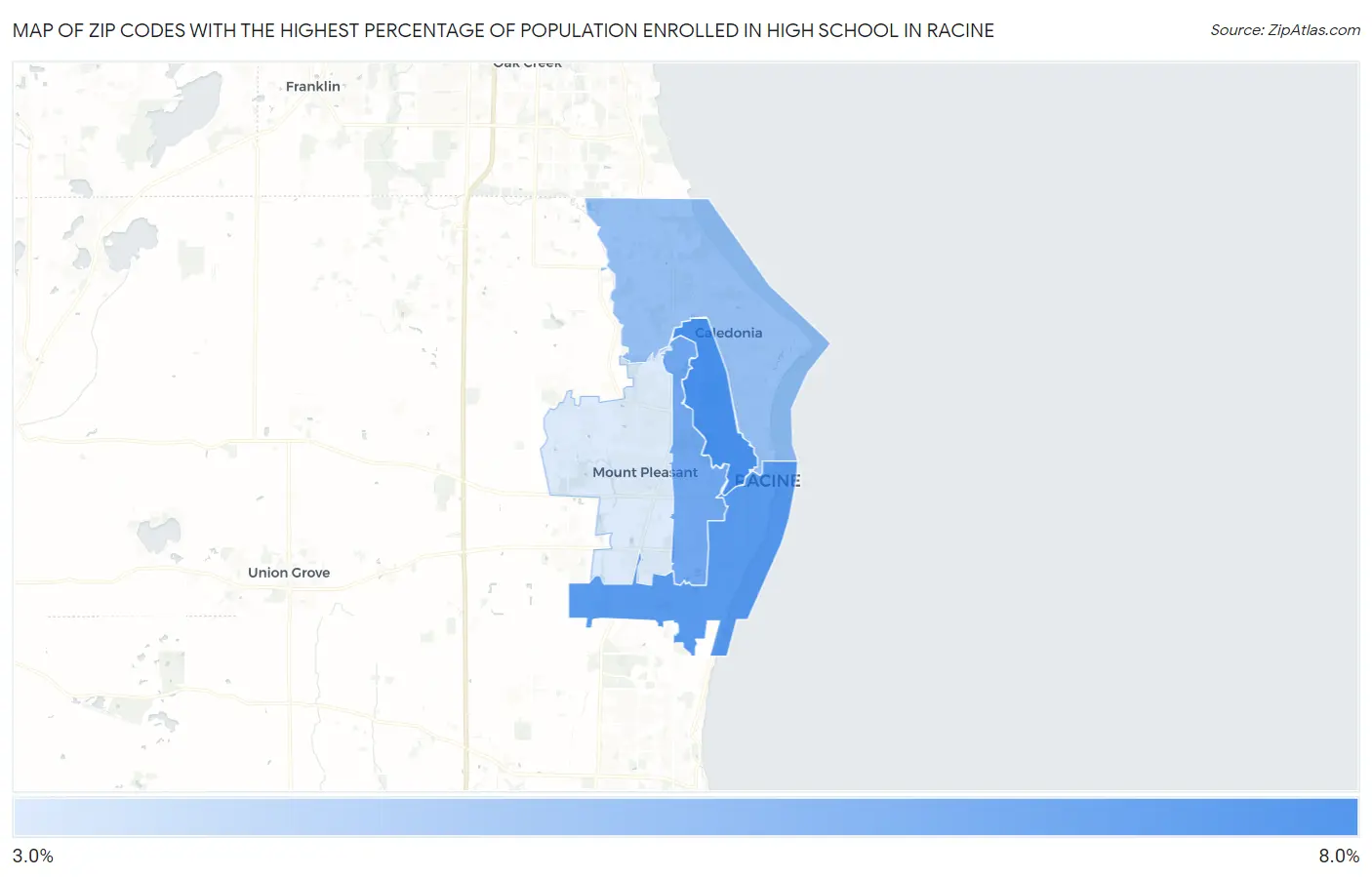 Zip Codes with the Highest Percentage of Population Enrolled in High School in Racine Map