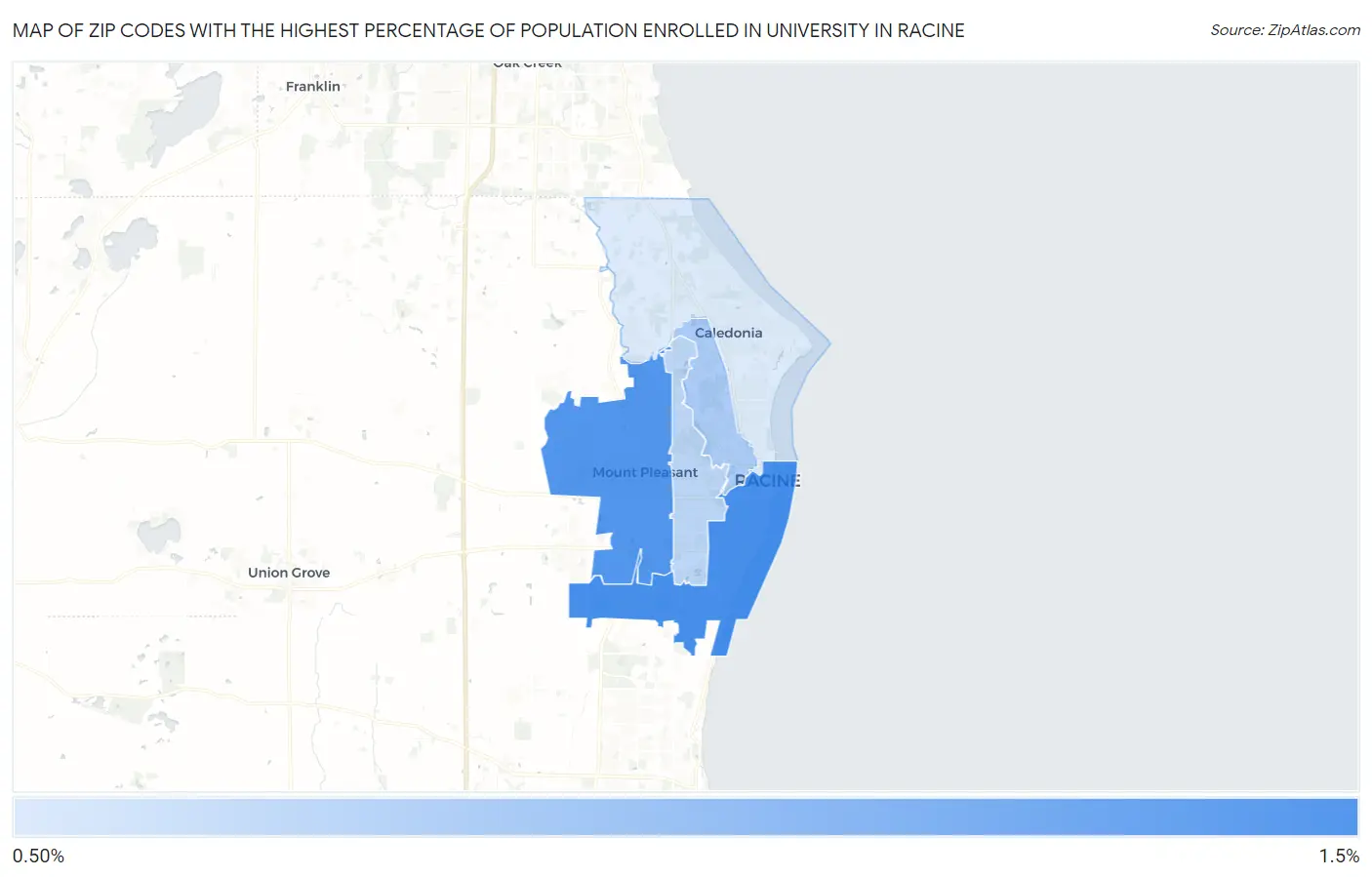 Zip Codes with the Highest Percentage of Population Enrolled in University in Racine Map