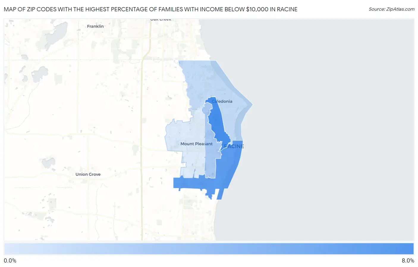 Zip Codes with the Highest Percentage of Families with Income Below $10,000 in Racine Map