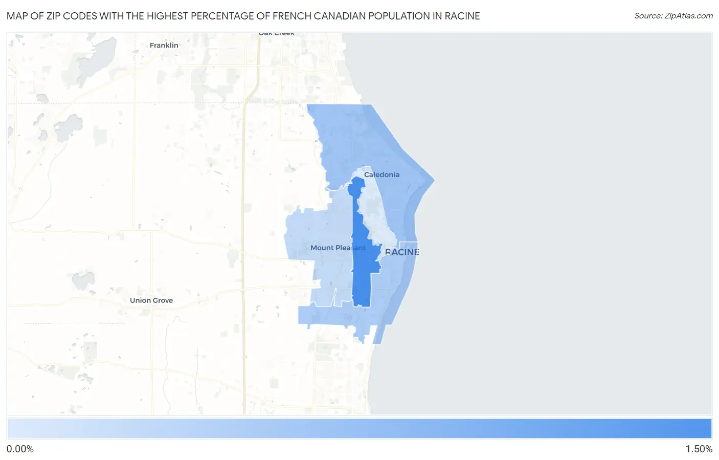 Zip Codes with the Highest Percentage of French Canadian Population in Racine Map