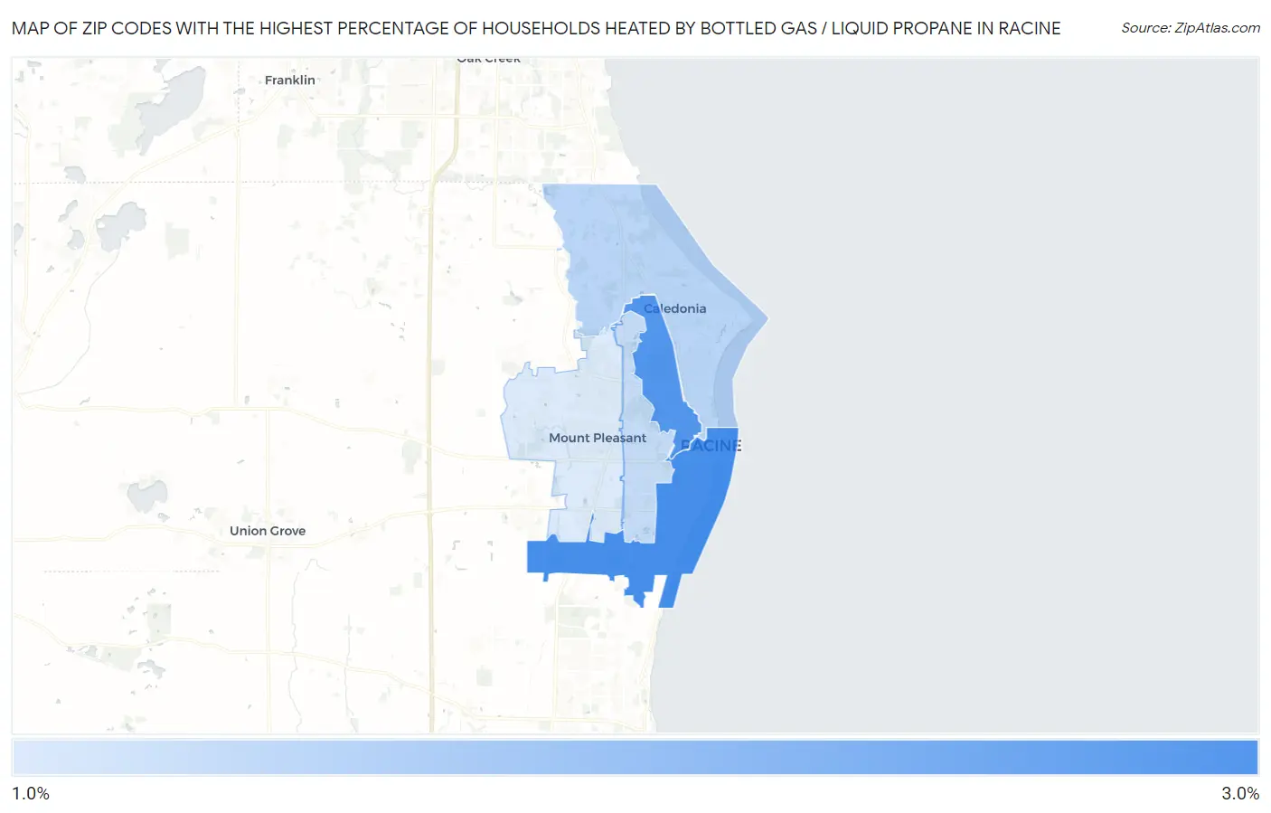 Zip Codes with the Highest Percentage of Households Heated by Bottled Gas / Liquid Propane in Racine Map