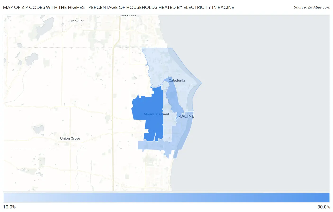 Zip Codes with the Highest Percentage of Households Heated by Electricity in Racine Map